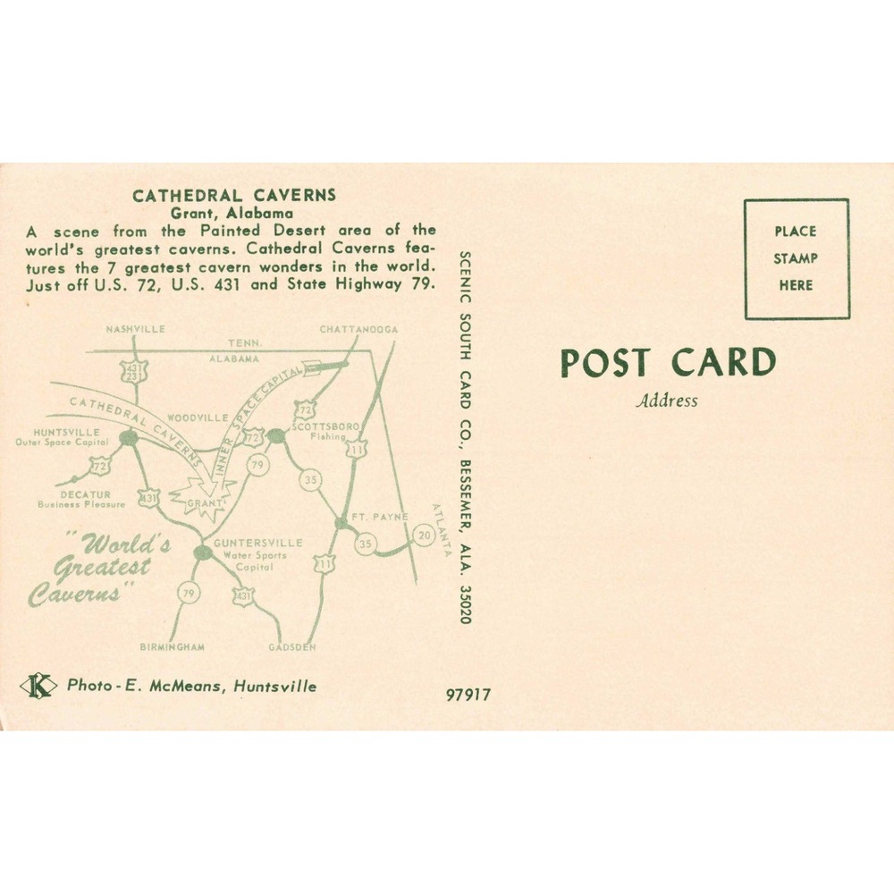 Vintage Cathedral Caverns Alabama Postcard Grant AL Scenic South Chrome Map Back - Picture 2 of 2